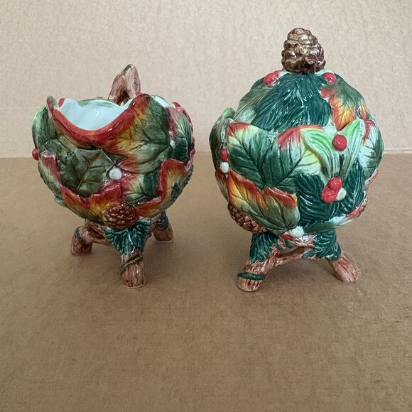 Fitz & Floyd Christmas Lodge Holly Pinecone Sugar Creamer - Picture 3 of 16